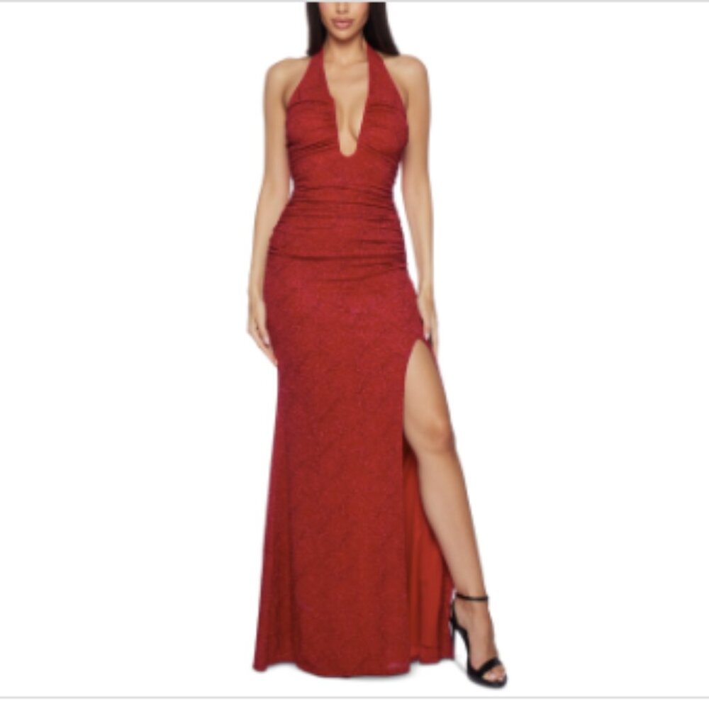 B Darlin Juniors' Glitter-Knit Plunge-Neck Ruched Gown - Red/red